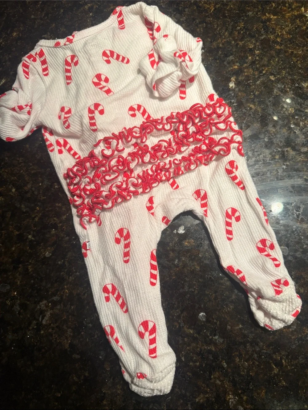 Candy Cane Print One-Piece Footed Pajamas - White & Red NEWBORN Ruffle Bottoms